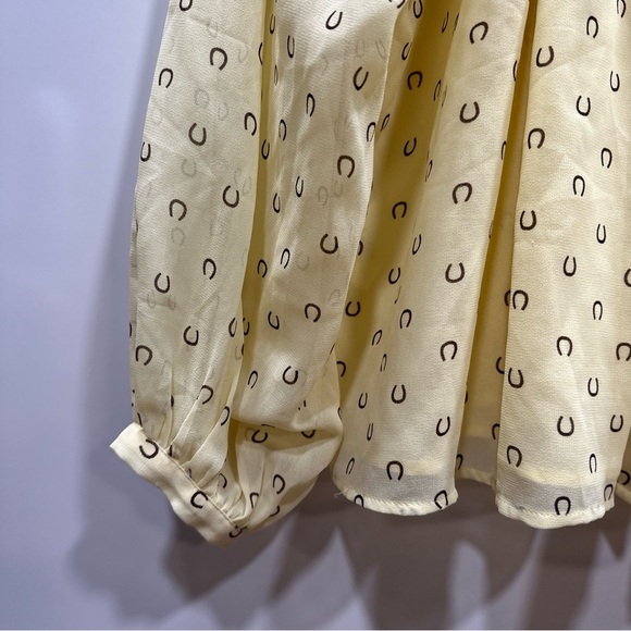 Ann Taylor Horseshoe V-Yoke Tie Neck Hidden Button Blouse Yellow S Equastrian - Picture 4 of 11